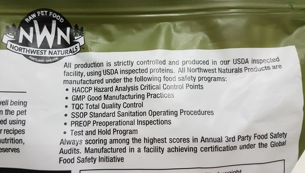 Food safety programs and tests are located prominently on the top of the Northwest Naturals raw pet food pack.