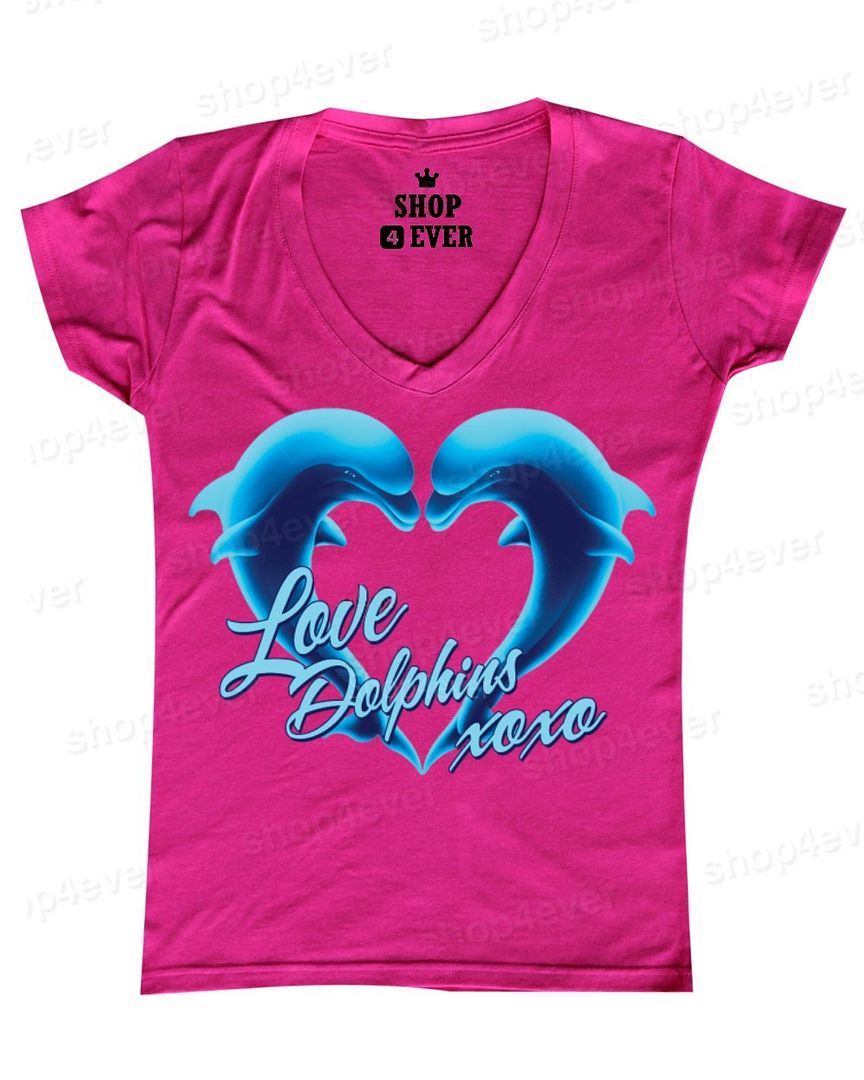 Love Dolphins XOXO Women's VNeck Tshirt Blue Dolphin Aqua Animal