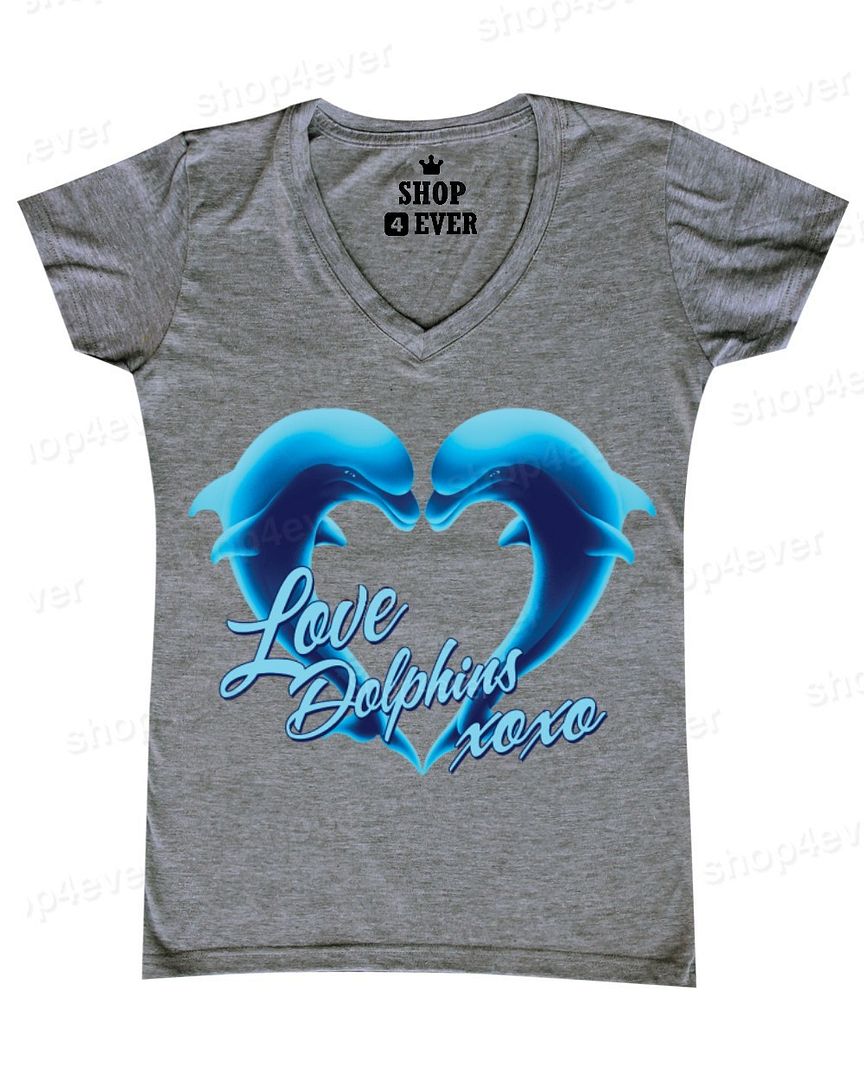Love Dolphins XOXO Women's VNeck Tshirt Blue Dolphin Aqua Animal