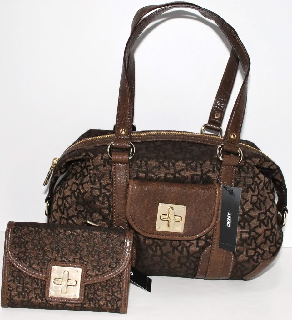 DKNY Square Turn Lock Satchel Bag Purse Handbag Sac Wallet Set