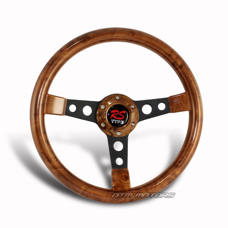 JDM 350mm 6 Bolt/Hole Walnut Wood Grain Steering Wheel w/ Black Spokes