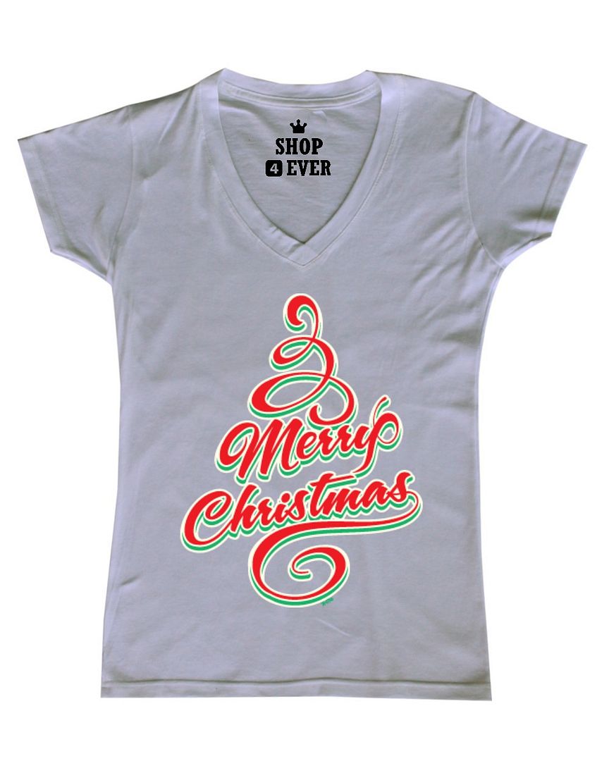 Merry Christmas Tree Womens V-Neck T-shirt Santa Holiday Funny Xmas ...