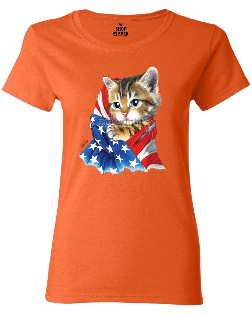 Kitty USA Flag Women's T-Shirt American Flag Cute Cat Patriotic Stars ...