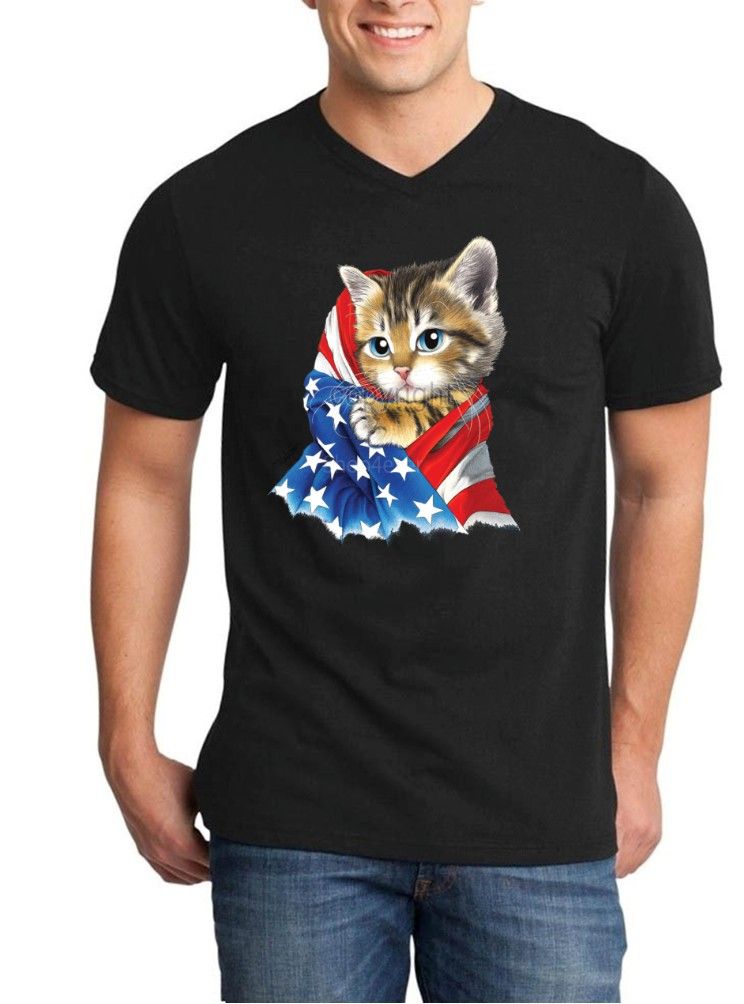 Kitty USA Flag Men V-Neck American Flag Cute Cat Patriotic Stars Shirts ...