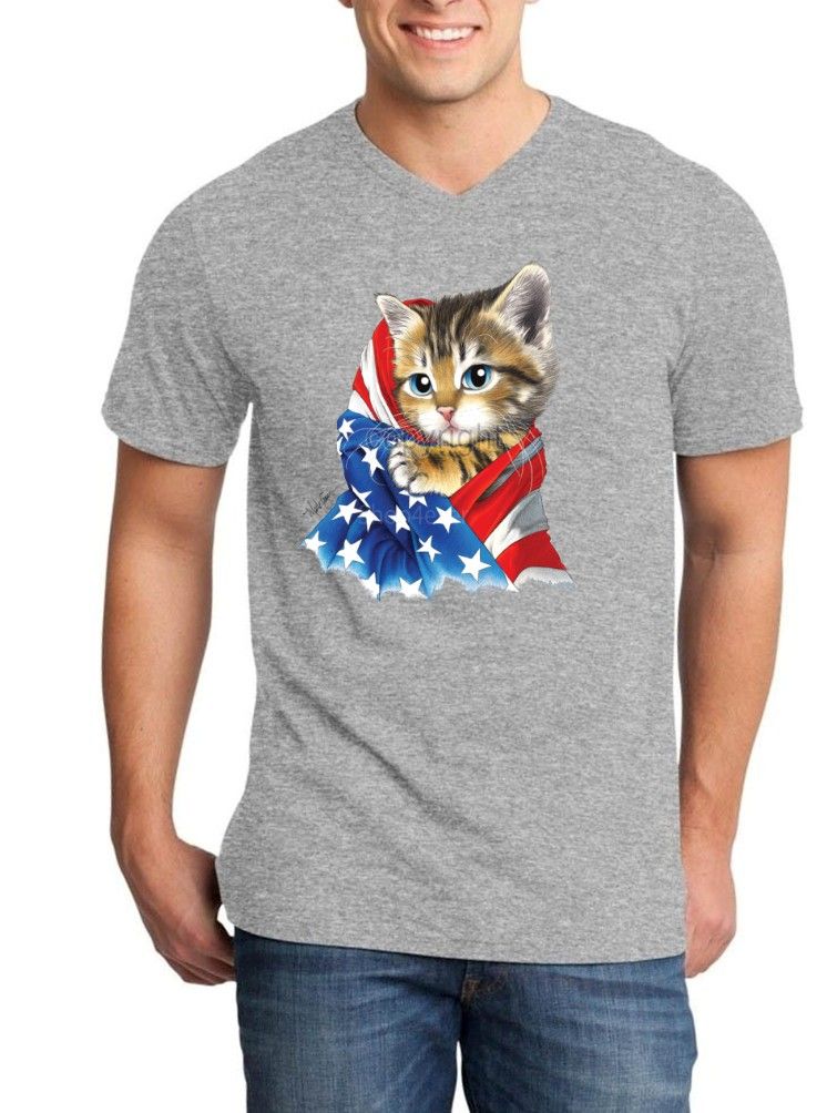 Kitty USA Flag Men V-Neck American Flag Cute Cat Patriotic Stars Shirts ...