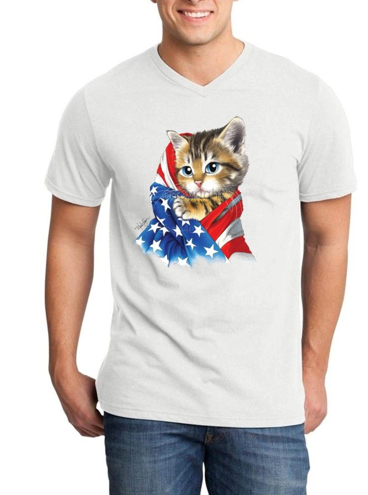 Kitty USA Flag Men V-Neck American Flag Cute Cat Patriotic Stars Shirts ...