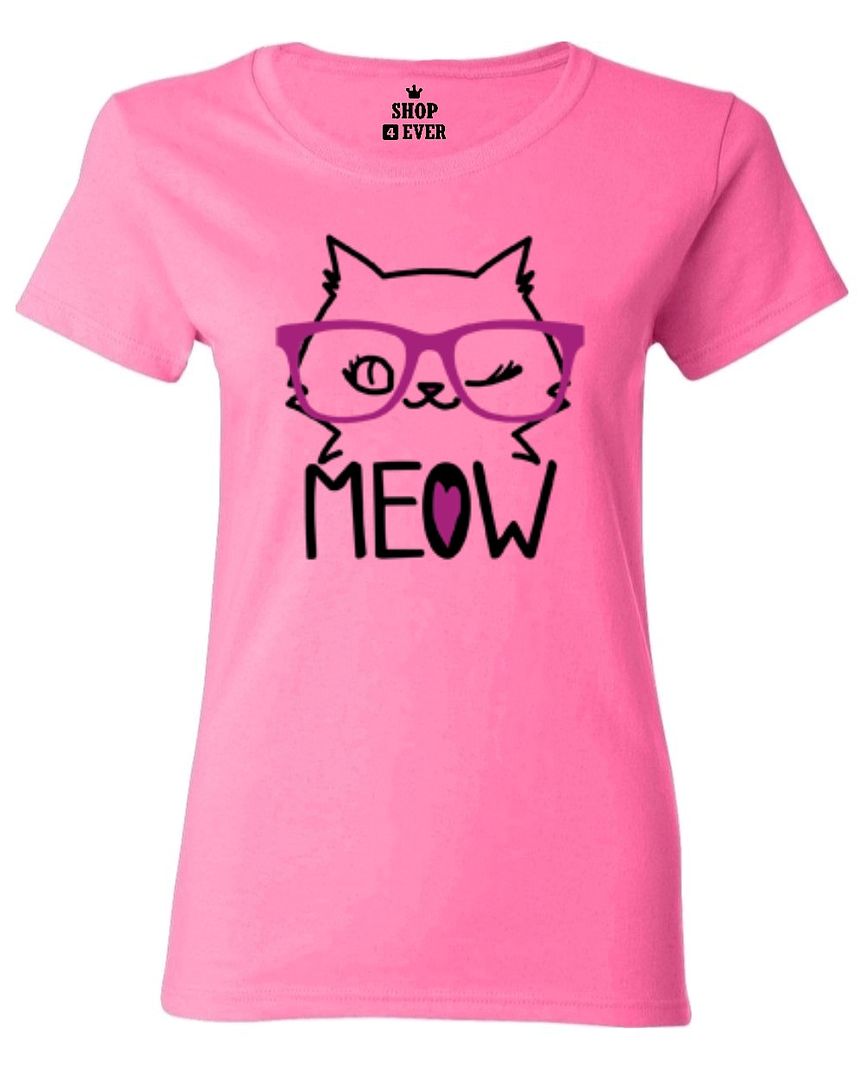 Meow Kitty Cat with Glasses Funny Women's T-Shirt Cat Lovers Humor ...