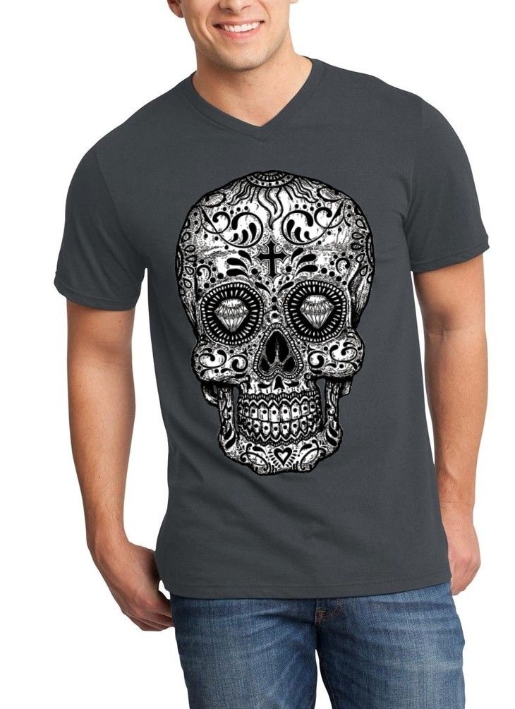 Sugar Skull Black & White Men V-Neck Day of the Dead Mexican Goth ...